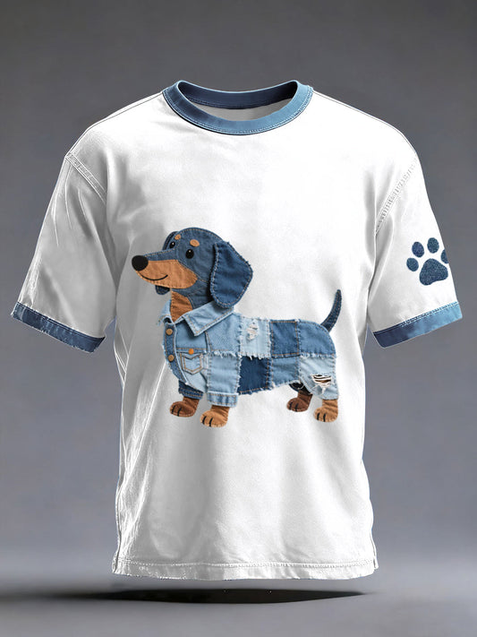 Men's Denim Patchwork Art Dachshund Dog Pattern Washed T-Shirt gracestitchs