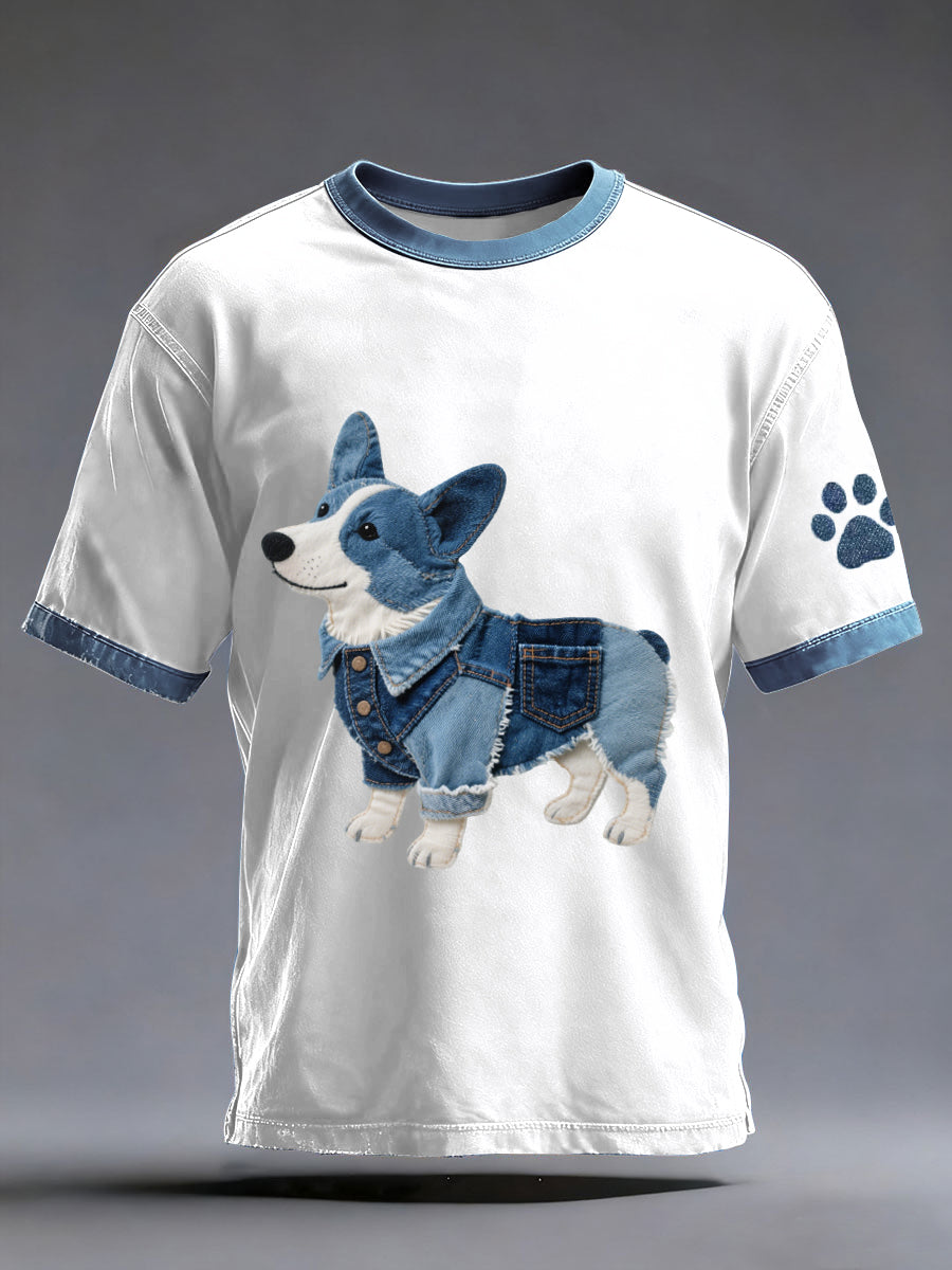 Men's Denim Patchwork Art Corgi Dog Pattern Washed T-Shirt gracestitchs