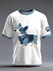 Men's Denim Patchwork Art Corgi Dog Pattern Washed T-Shirt gracestitchs