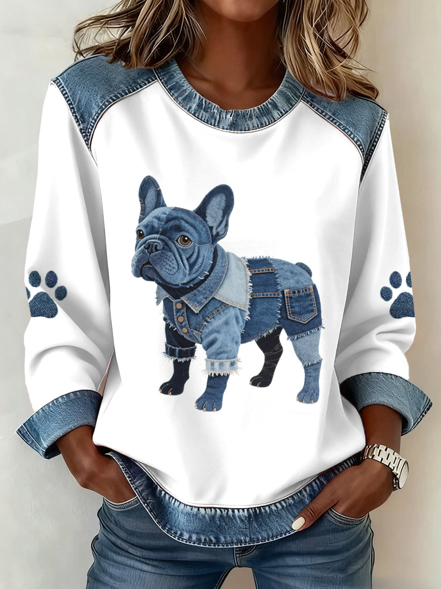 Women's Lovely French Bulldog Pattern Denim Patchwork Sweatshirt gracestitchs