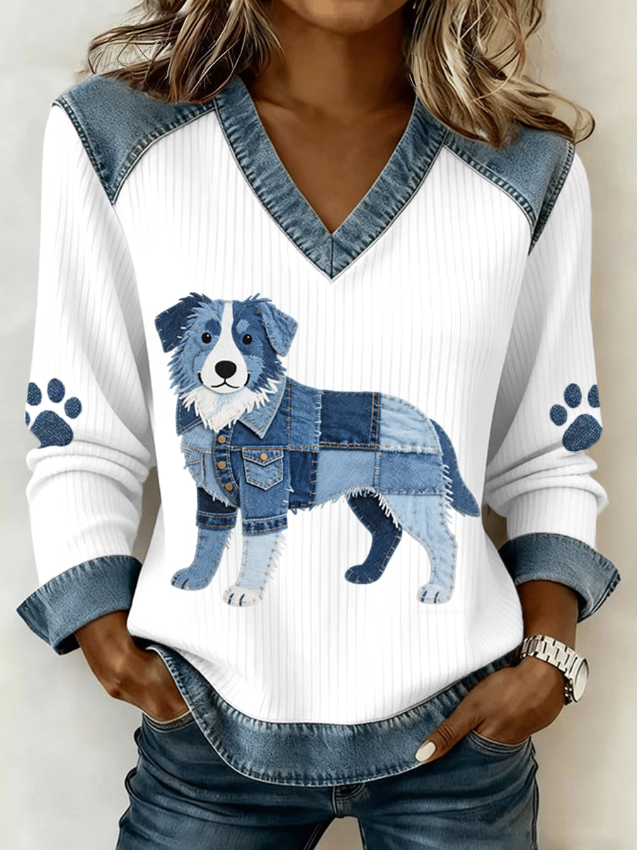 Women's Lovely Border Collie Pattern Denim Patchwork V-Neck Top gracestitchs