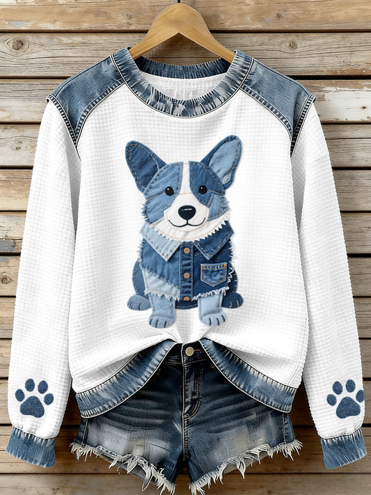 Women's Lovely Corgi Pattern Denim Patchwork Waffle Sweatshirt gracestitchs