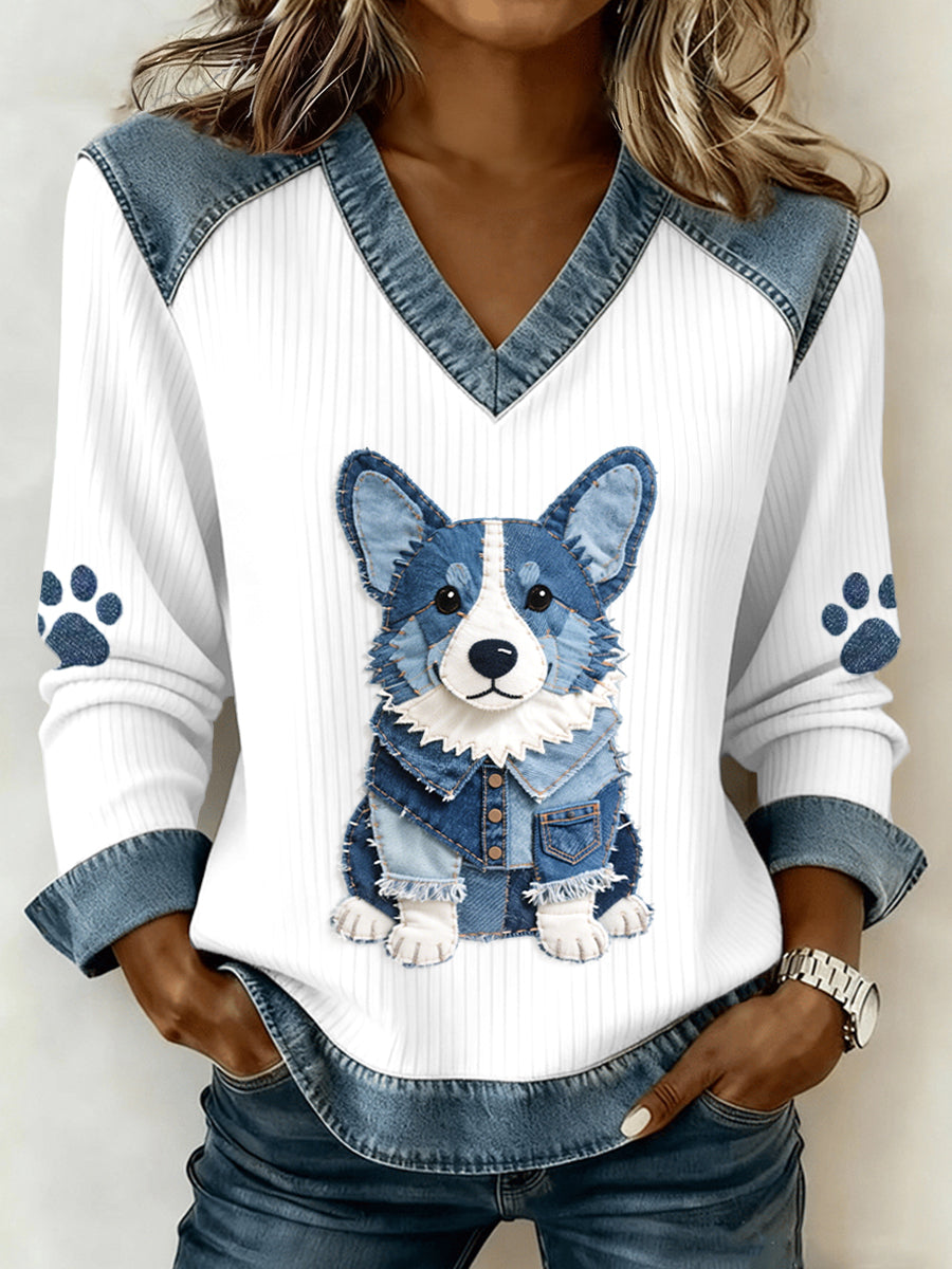Women's Lovely Corgi Pattern Denim Patchwork V-Neck Top gracestitchs