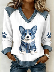 Women's Lovely Corgi Pattern Denim Patchwork V-Neck Top gracestitchs