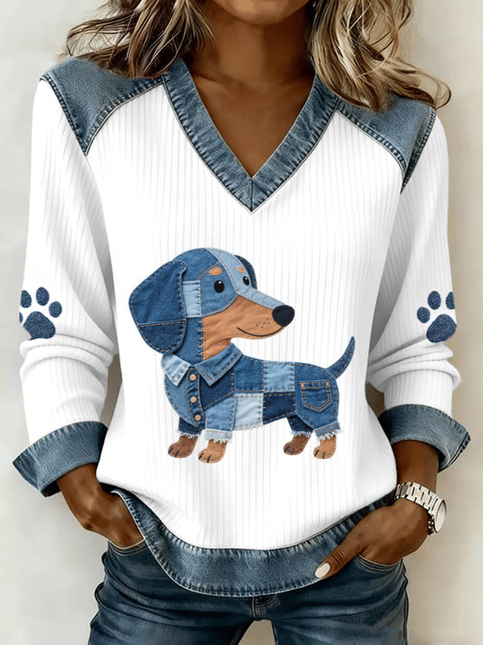 Women's Lovely Dachshund Pattern Denim Patchwork V-Neck Top gracestitchs