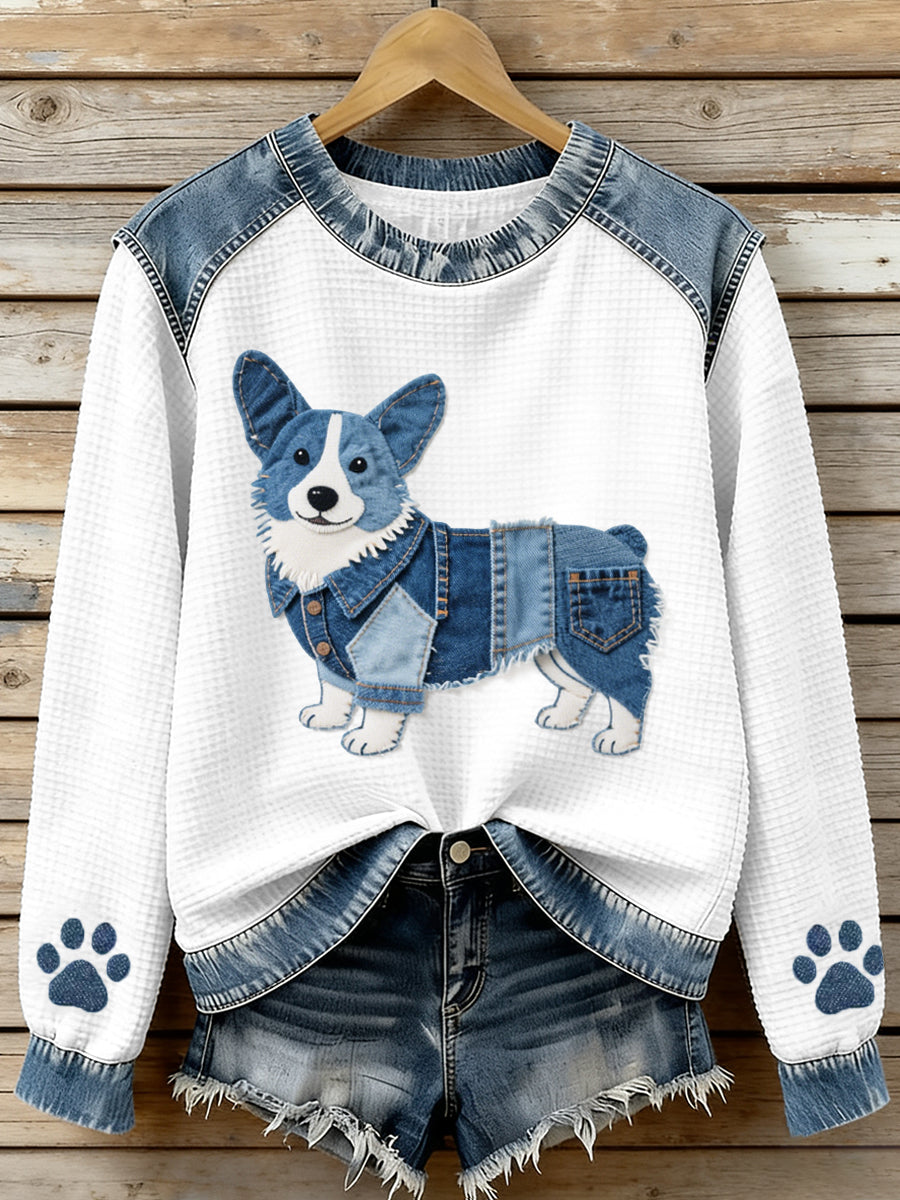 Women's Lovely Corgi Pattern Denim Patchwork Waffle Sweatshirt gracestitchs