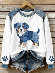 Women's Lovely Australian Shepherd Pattern Denim Patchwork Waffle Sweatshirt gracestitchs