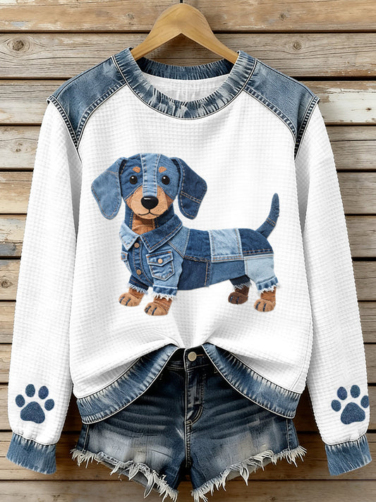 Women's Lovely Dachshund Pattern Denim Patchwork Waffle Sweatshirt gracestitchs