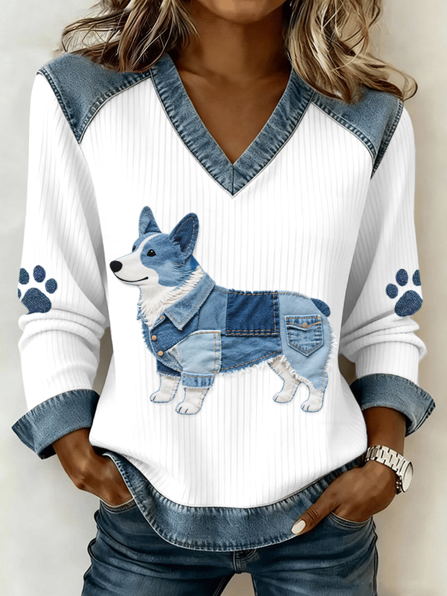 Women's Lovely Corgi Pattern Denim Patchwork V-Neck Top gracestitchs