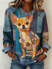 Women's  Chihuahua Printed Denim Patchwork Top gracestitchs