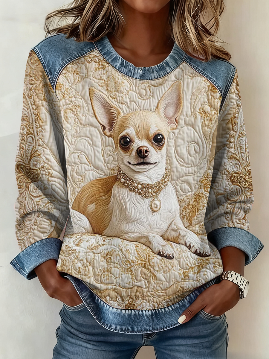 Women's  Chihuahua Printed Denim Patchwork Top gracestitchs