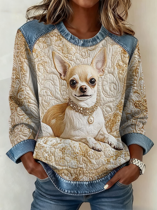 Women's  Chihuahua Printed Denim Patchwork Top gracestitchs