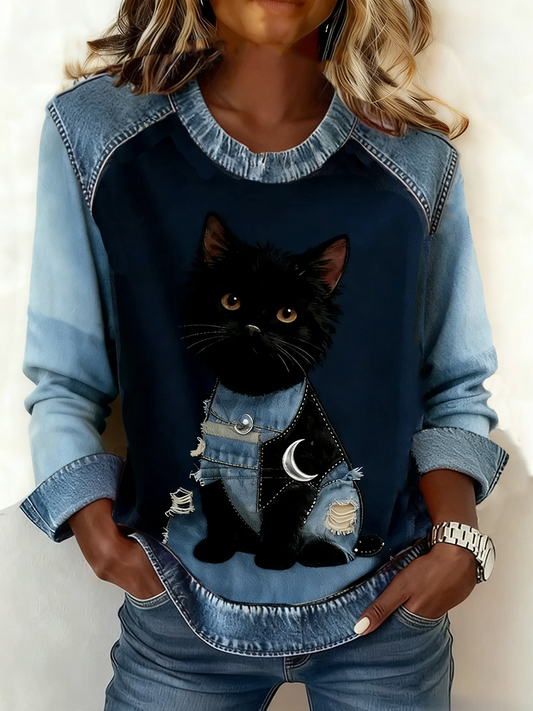 Women's Retro Animal Art Print Comfortable Denim Patchwork Top gracestitchs