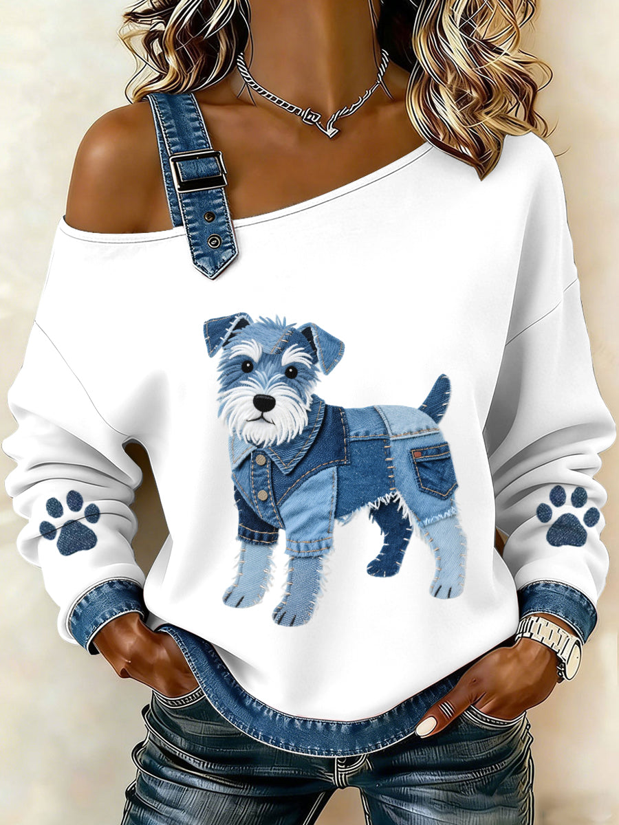 Women's Lovely Schnauzer Dog Pattern Denim Patchwork Top gracestitchs