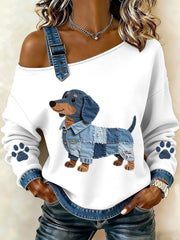 Women's Lovely Dachshund Pattern Denim Patchwork Top gracestitchs