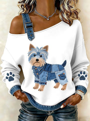 Women's Lovely Yorkshire Terrier Pattern Denim Patchwork Top gracestitchs