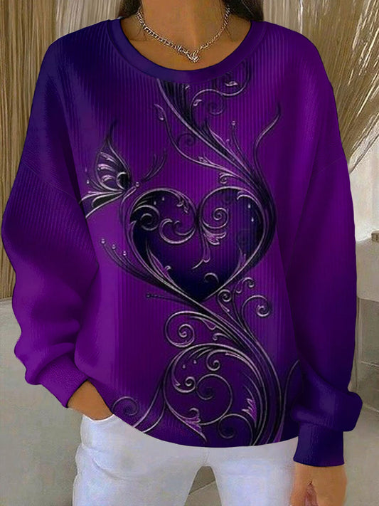 Women's Vintage Purple Floral Art Print Ribbed Round-Neck Sweatshirt