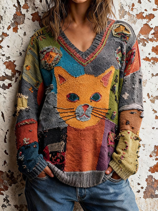 Women's Cat Art V-Neck Tops gracestitchs