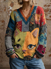 Women's Cat Art V-Neck Tops gracestitchs