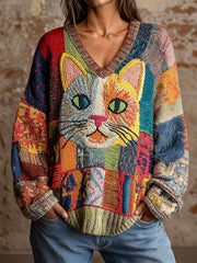 Women's Cat Art V-Neck Tops gracestitchs