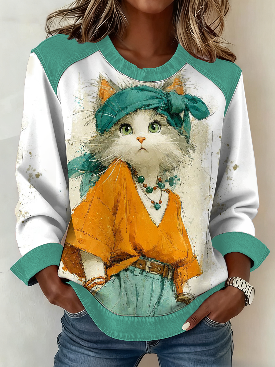 Women's Cute cat print Patchwork Top gracestitchs