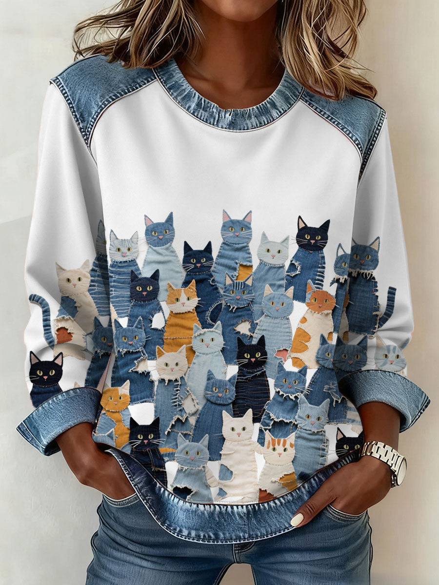 Women's Denim Kitten Sweatshirt gracestitchs