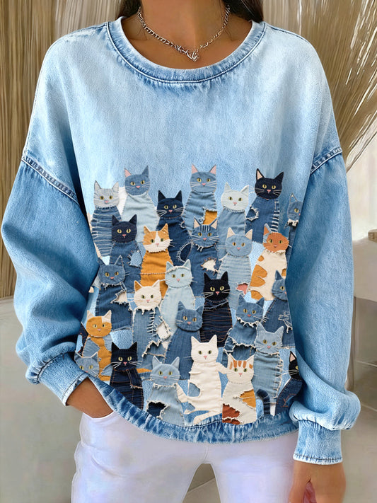 Women's Denim Kitten Sweatshirt gracestitchs