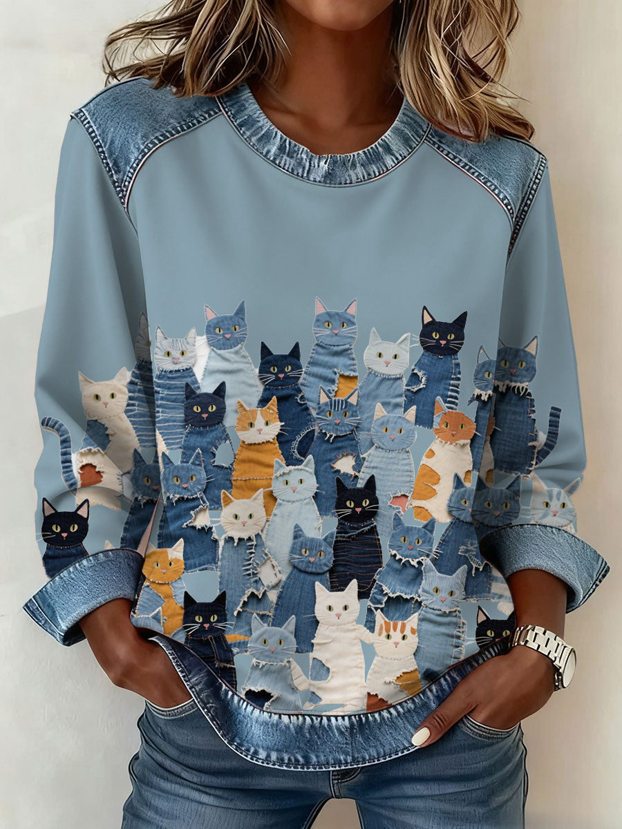 Women's Denim Kitten Sweatshirt gracestitchs