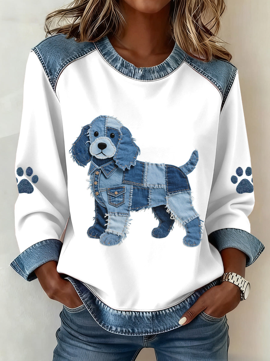 Women's Lovely Cocker Spaniel Pattern Denim Patchwork Sweatshirt gracestitchs