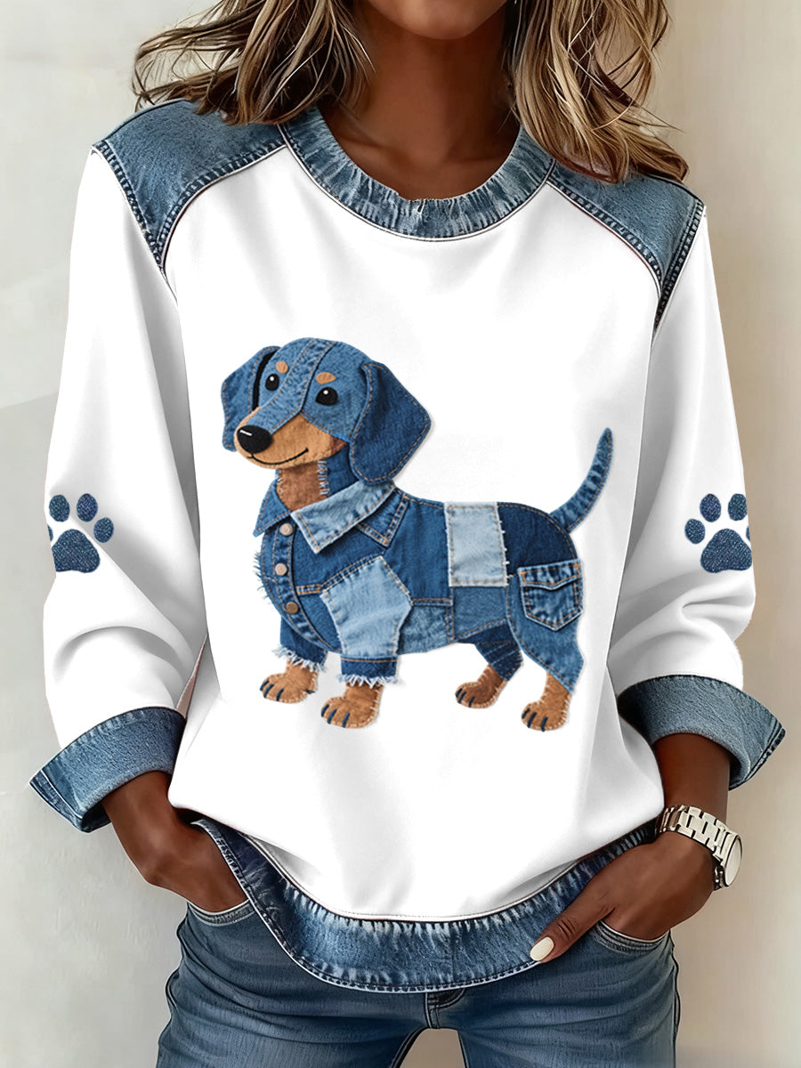 Women's Lovely Dachshund Pattern Denim Patchwork Sweatshirt gracestitchs