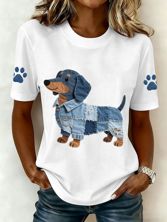 Women's Denim Patchwork Art Dachshund Pattern T-Shirt gracestitchs