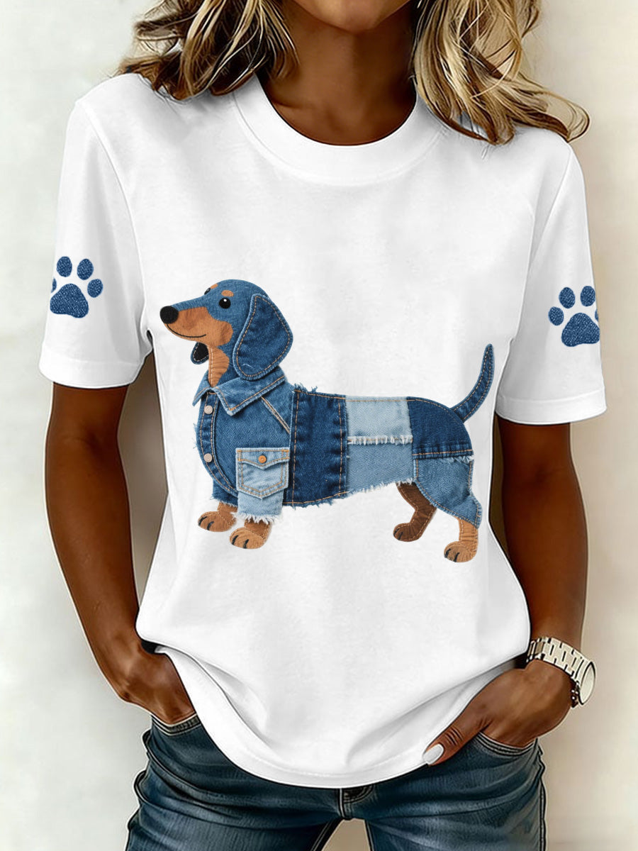 Women's Denim Patchwork Art Dachshund Pattern T-Shirt gracestitchs