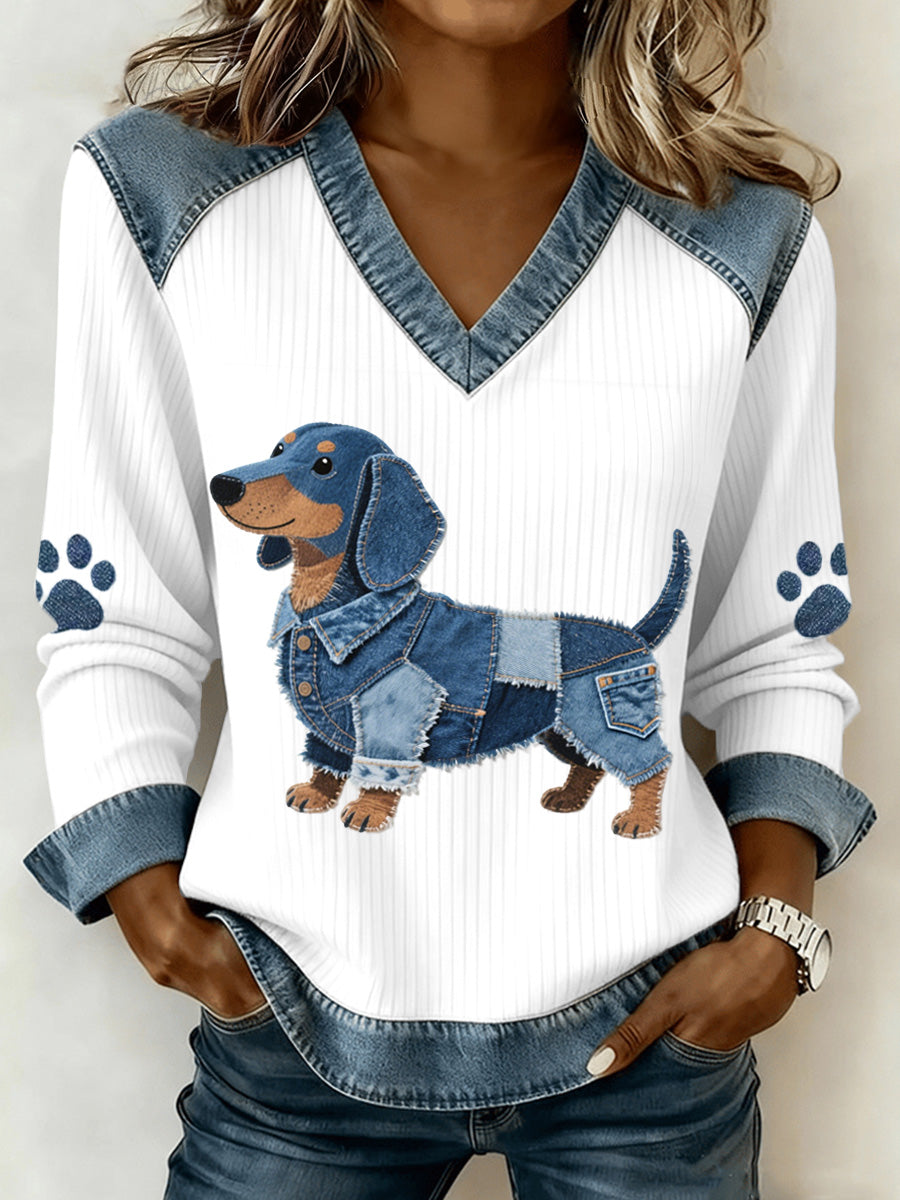Women's Lovely Dachshund Pattern Denim Patchwork V-Neck Top gracestitchs