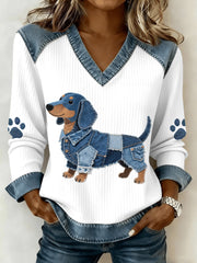Women's Lovely Dachshund Pattern Denim Patchwork V-Neck Top gracestitchs