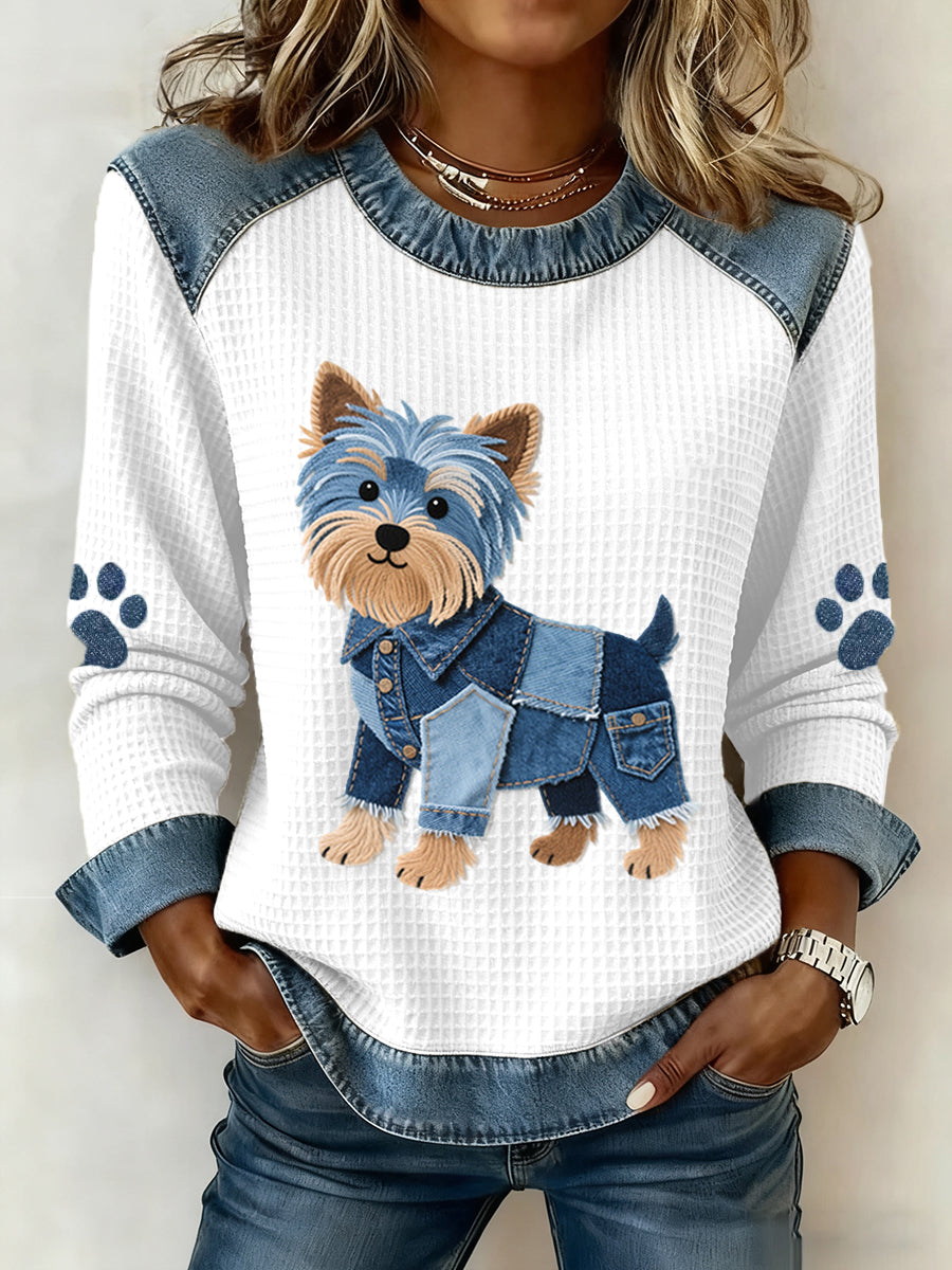 Women's Lovely Yorkshire Terrier Pattern Denim Patchwork Waffle Sweatshirt gracestitchs