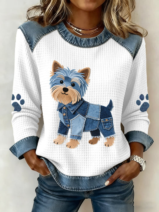 Women's Lovely Yorkshire Terrier Pattern Denim Patchwork Waffle Sweatshirt gracestitchs
