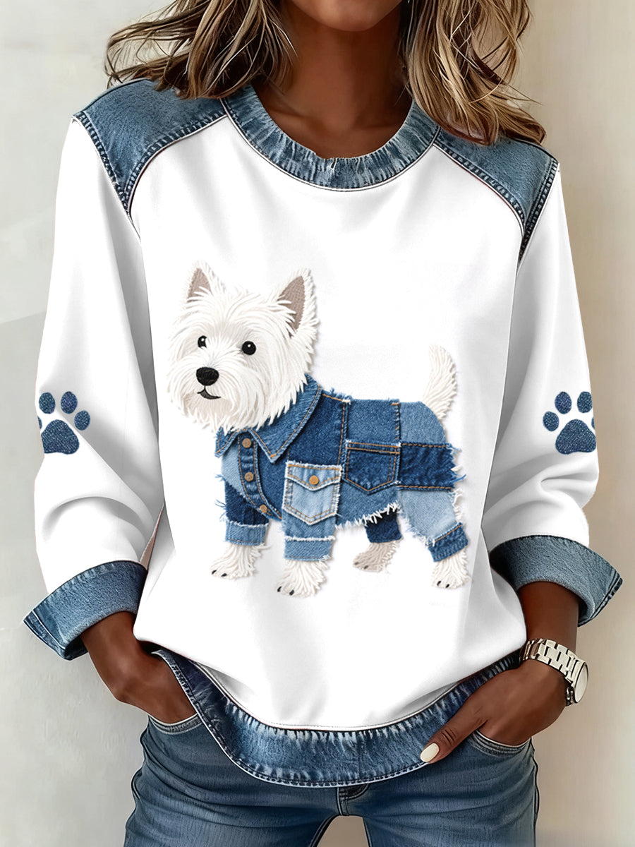 Women's Lovely West Highland White Terrier Pattern Denim Patchwork Sweatshirt gracestitchs