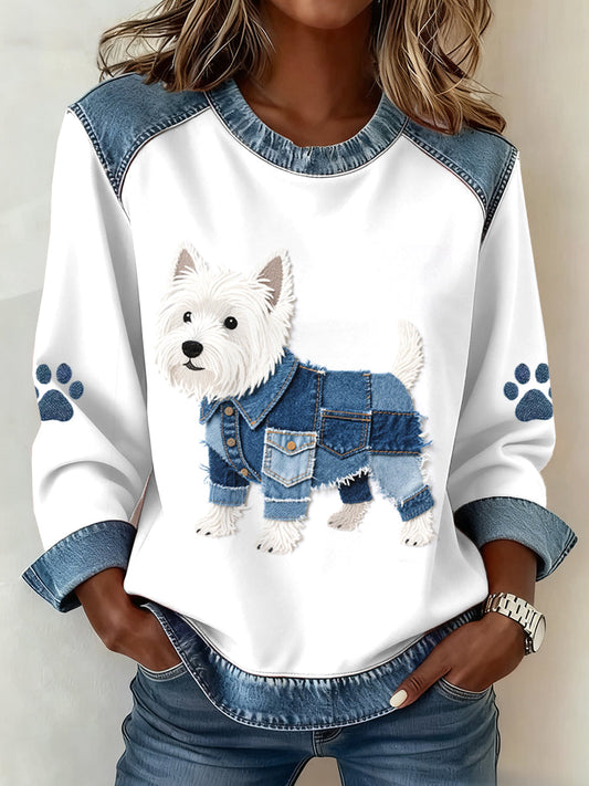 Women's Lovely West Highland White Terrier Pattern Denim Patchwork Sweatshirt gracestitchs