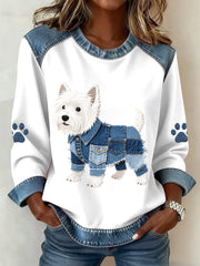 Women's Lovely West Highland White Terrier Pattern Denim Patchwork Sweatshirt gracestitchs