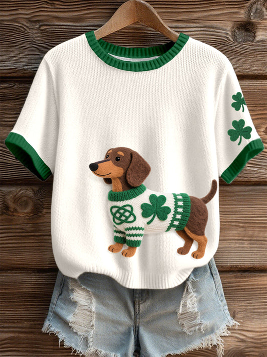 Women's St. Patrick's Day Inspired Dachshund Pattern Knit Top gracestitchs