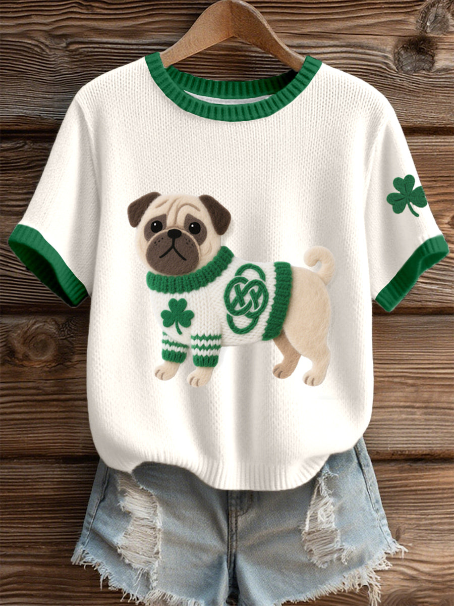 Women's St. Patrick's Day Inspired Pug Dog Pattern Knit Top gracestitchs