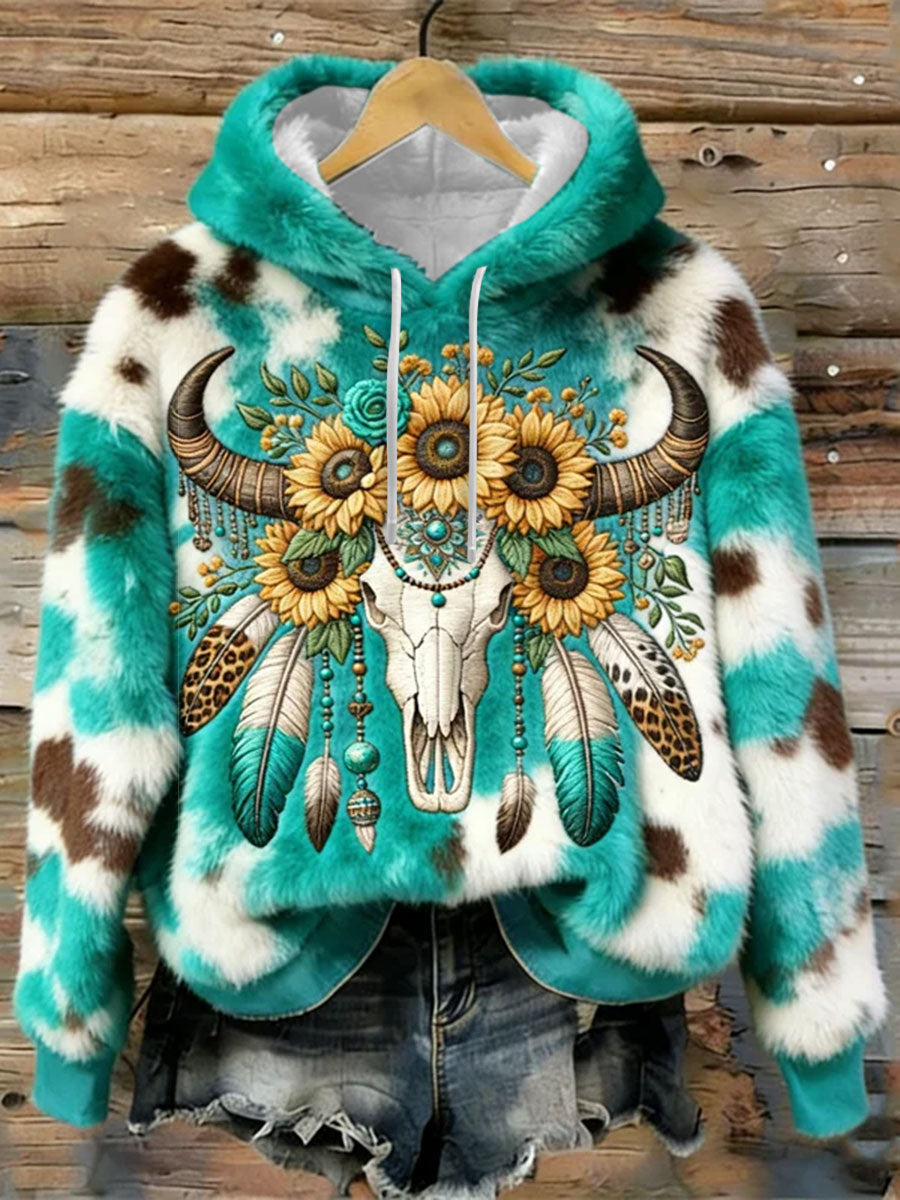 Women's Western Bull Skull & Sunflowers Turquoise Cozy Flannel Hoodie gracestitchs