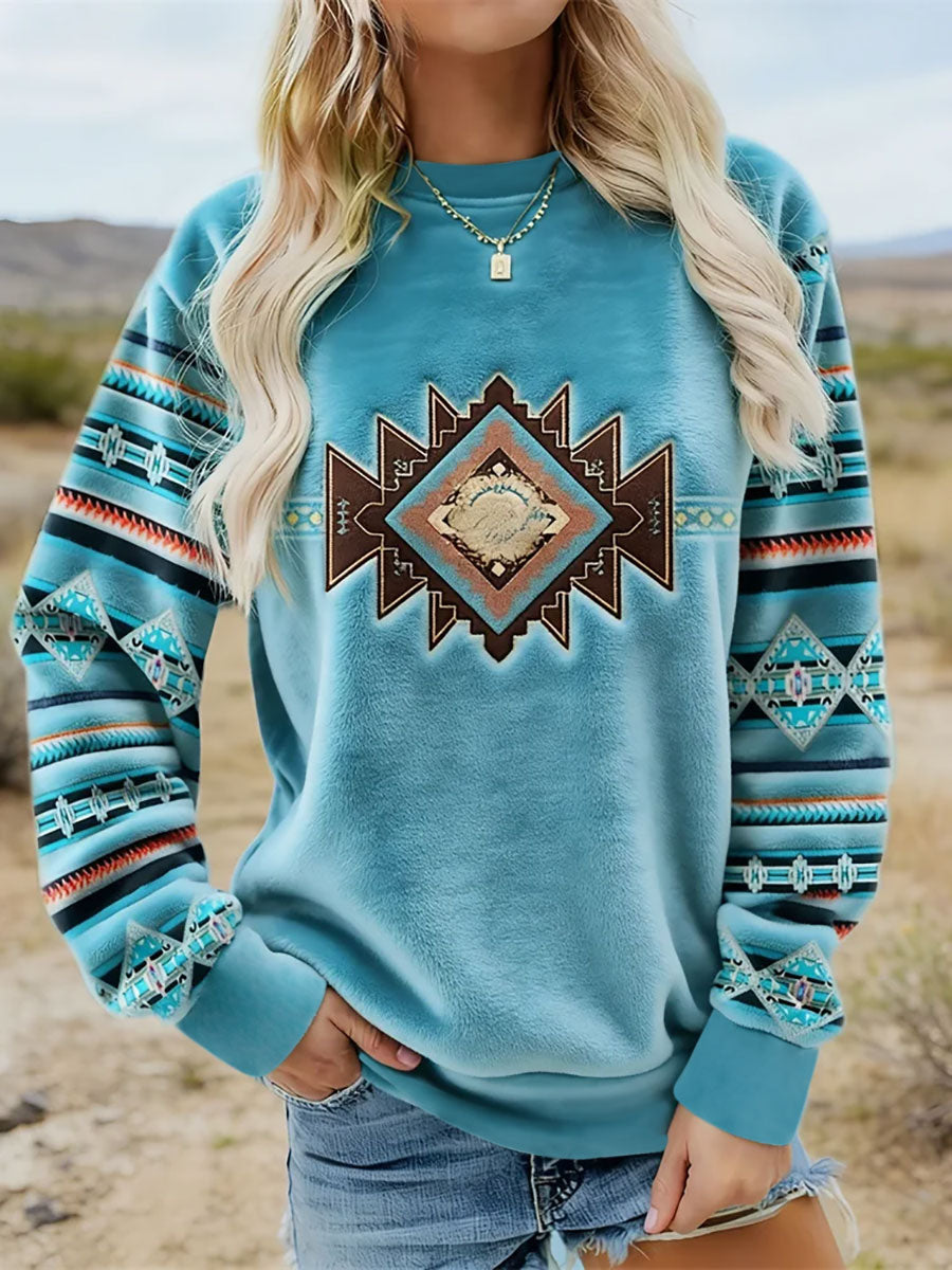 Women's Vintage Western Ethnic Cozy Flannel Sweatshirt gracestitchs
