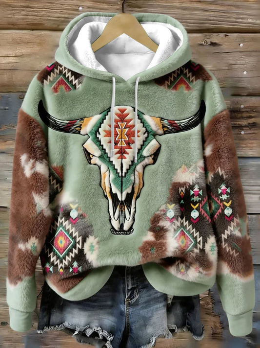 Women's Vintage Western Bull Skull Ethnic Cozy  Flannel Hoodie gracestitchs