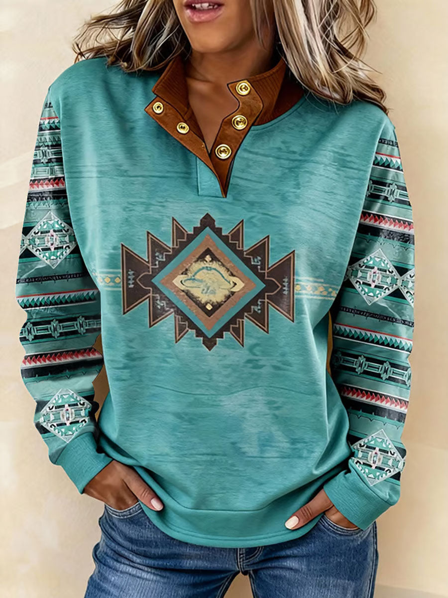 Women's Vintage Western Ethnic Aztec Pattern Casual Sweatshirt gracestitchs