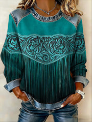 Women's Vintage Western Ethnic Aztec Pattern Denim Patchwork Top gracestitchs