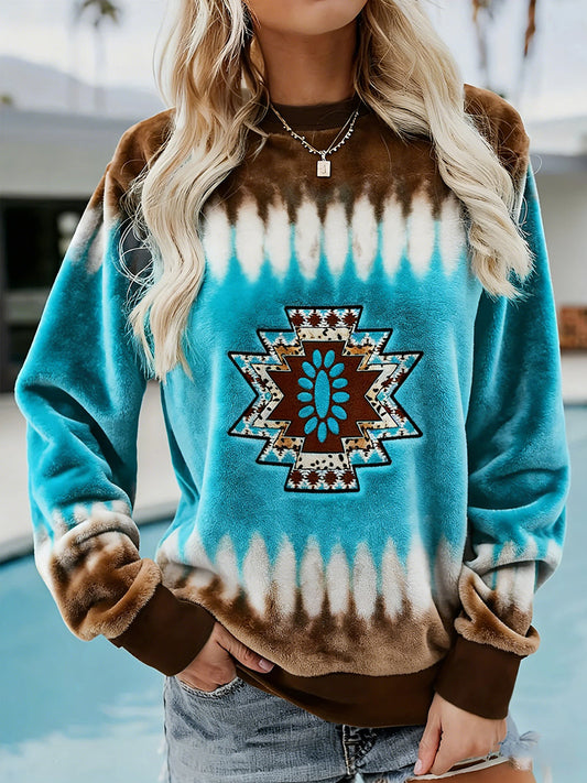 Women's Vintage Western Ethnic Aztec Pattern Casual Cozy Flannel Sweatshirt gracestitchs