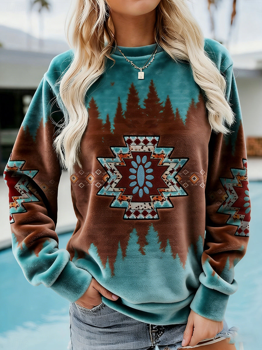 Women's Vintage Western Ethnic Aztec Pattern Casual Cozy Flannel Sweatshirt gracestitchs