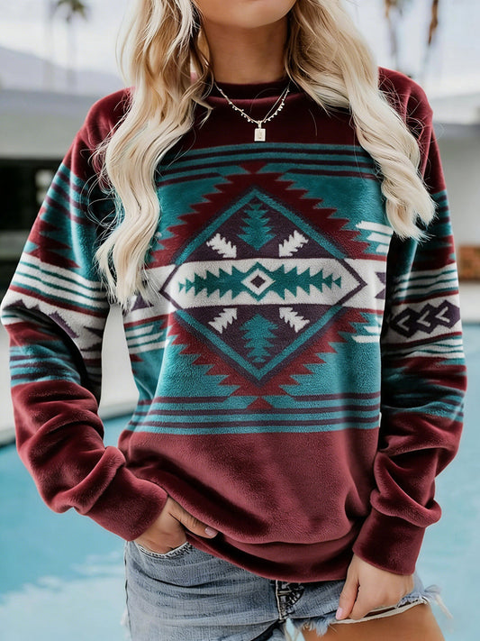 Women's Vintage Western Ethnic Aztec Pattern Casual Cozy Flannel Sweatshirt gracestitchs