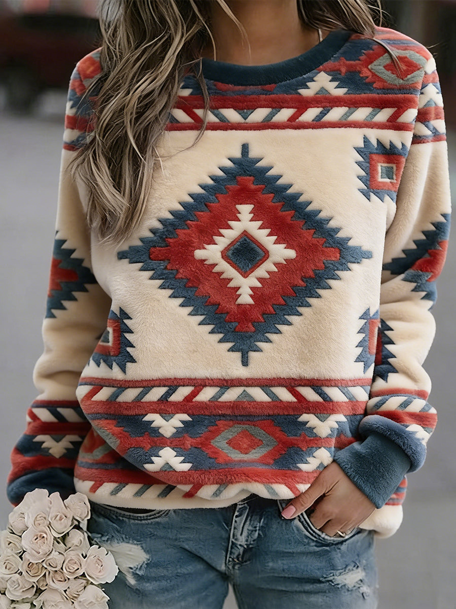 Women's Vintage Western Ethnic Aztec Pattern Casual Cozy Flannel Sweatshirt gracestitchs